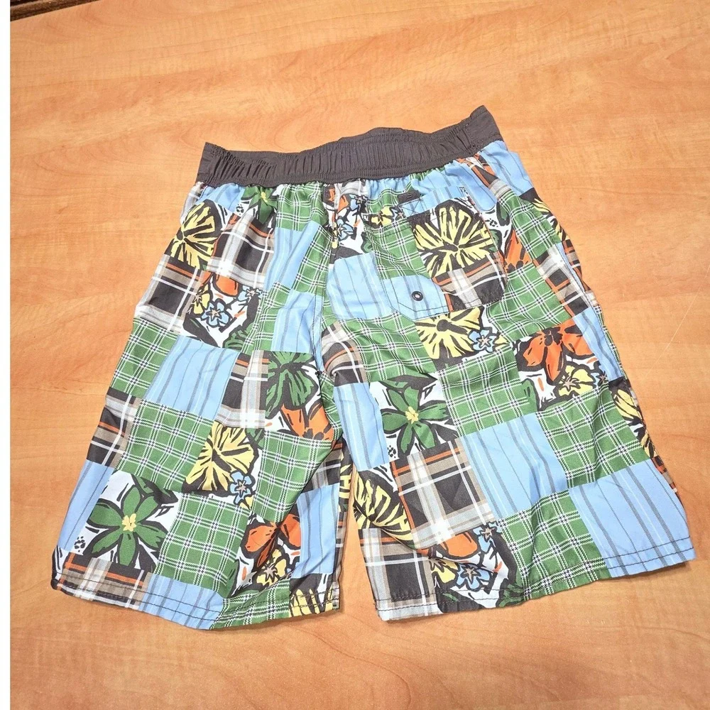 Gymboree Boys Patchwork Floral Plaid Swim Trunks Blue Green Brown Sz 8 240518115